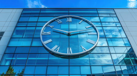 This captivating image features a large outdoor clock set against a modern glass building, showcasing a beautiful reflection of the blue sky and clouds.の素材