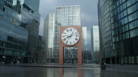 Captivating urban scene showcasing a large clock structure set against sleek glass buildings under a moody sky, emphasizing modern architecture.の素材