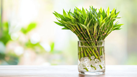 A serene composition of fresh bamboo plants in a clear glass vase filled with ice cubes, creating a tranquil indoor atmosphere suitable for modern decor.の素材
