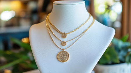 Discover a stunning gold jewelry set featuring delicate chains and intricate designs, elegantly displayed on a jewelry stand, perfect for showcasing luxury and craftsmanship.の素材