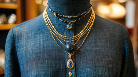 This image captures a stunning display of layered necklaces on a dress form, showcasing intricate designs and vibrant gemstones within a stylish jewelry store environment.の素材