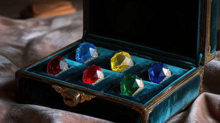 A stunning assortment of colorful gemstone rings displayed in a luxurious velvet box. Each ring features intricate designs and captivating facets, perfect for showcasing elegance.の素材