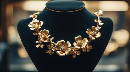 This stunning gold floral necklace features intricate designs and sparkling details, making it an ideal accessory for special occasions and elegant outfits.の素材