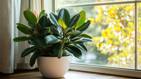 A vibrant green plant in a sleek white pot sits by a bright window, basking in natural light. This tranquil indoor scene shapes a serene atmosphere.の素材
