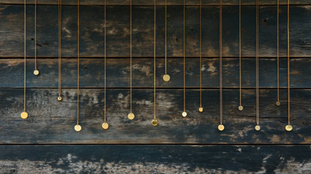 This striking image captures a collection of golden pendants gracefully hanging against a rustic wooden backdrop, creating a warm and inviting ambiance.の素材