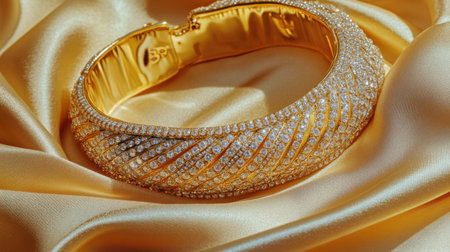 This stunning golden bracelet, adorned with brilliant gems, captures the essence of luxury, resting on a smooth satin fabric that enhances its elegance.の素材