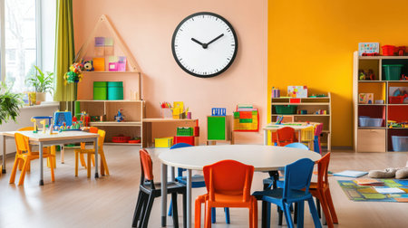 This vibrant classroom features colorful furniture, spacious tables, and a large wall clock, creating an engaging environment perfect for learning and play.の素材