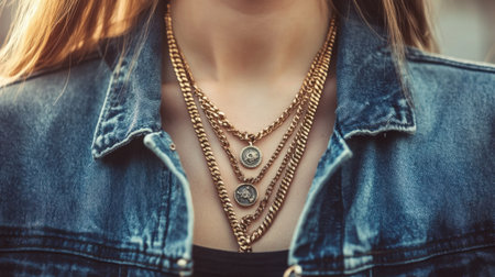 This captivating image showcases an elegant arrangement of gold chains and unique pendants elegantly worn by a model in a denim jacket, emphasizing style.の素材