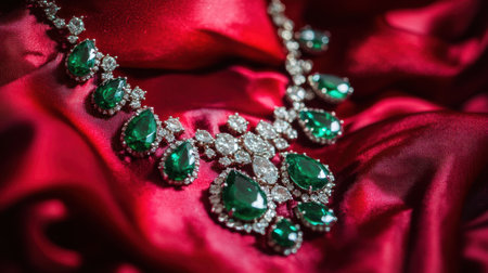 This stunning emerald and diamond necklace lies gracefully on rich red satin, showcasing a blend of elegance and opulence ideal for high-fashion or luxury jewelry displays.の素材