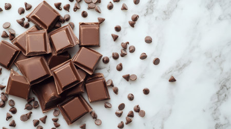 Assorted rich dark chocolate pieces and chips are beautifully arranged on a marbled surface, perfect for inspiring culinary creations and sweet delights.の素材