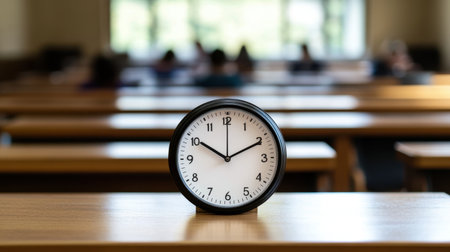 A round black clock sits on a table in a classroom, emphasizing the significance of time in education. The blurred figures of students suggest a focused learning environment.の素材