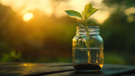 A vibrant green plant thrives in a glass jar filled with water and soil, beautifully illuminated by sunlight during a serene sunset.の素材