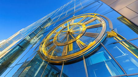 This captivating image features a modern clock integrated into a glass facade, showcasing intricate design and bold colors against a clear blue sky.の素材