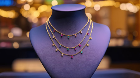 This captivating image features an elegant gold necklace elegantly displayed on a bust. The necklace boasts colorful stones against a bokeh background, creating a warm and inviting atmosphere, perfect for showcasing luxury jewelry.の素材