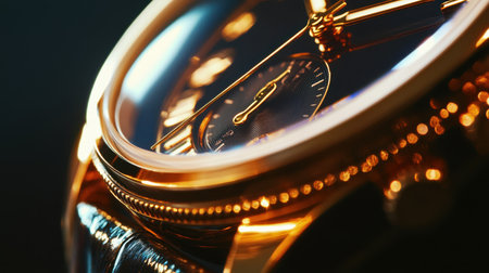 This image captures an exquisite close-up of a gold watch featuring a black dial, showcasing intricate details, reflections, and stunning craftsmanship in luxury design.の素材
