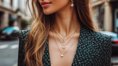 A close-up portrait of a fashionable woman showcasing layered gold necklaces and elegant earrings against an urban backdrop, radiating sophistication and style.の素材