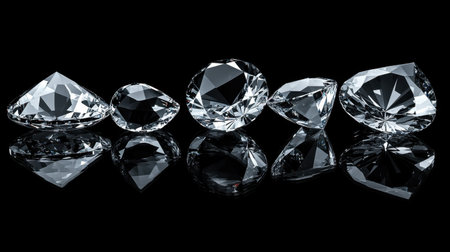 A stunning collection of diamonds featuring various cuts and shapes, beautifully arranged on a reflective black surface, highlighting their clarity and shine.の素材