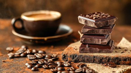 An inviting composition featuring stacked rich dark chocolate pieces next to a freshly brewed coffee cup, surrounded by roasted coffee beans, creating a cozy atmosphere perfect for dessert lovers.の素材