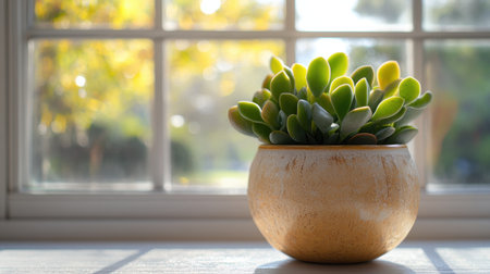 This image showcases a vibrant succulent plant nestled in a decorative pot, illuminated by warm sunlight filtering through a window. The background features soft autumn leaves, enhancing the cozy atmosphere and inviting tranquility into any space.の素材