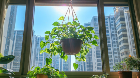 A vibrant indoor plant in a hanging pot basks in sunlight near a window, showcasing a serene contrast against a bustling urban skyline.の素材