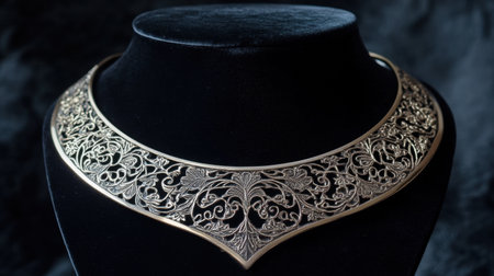 This elegant gold-plated necklace features a stunning floral design, beautifully displayed on a black velvet bust. Perfect for showcasing luxury jewelry.の素材