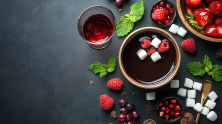 An artistic arrangement featuring fresh berries, chocolate, mint, and a dessert bowl. Perfect for gourmet presentations and delicious refreshment ideas.の素材