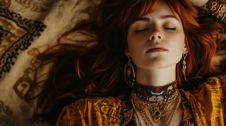 A serene young woman with striking red hair relaxes while adorned in vintage jewelry. Her peaceful expression and luxurious fabric background create a captivating scene that embodies beauty and style.の素材