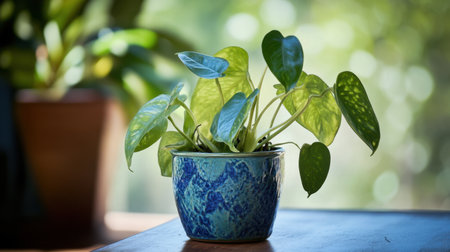A vibrant green indoor plant in a decorative pot sits gracefully on a wooden table, illuminated by soft natural light, creating a peaceful atmosphere.の素材