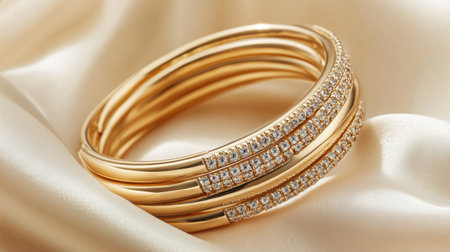 Discover the elegance of these beautiful gold bangles adorned with sparkling diamonds, resting gracefully on a soft silk background, showcasing luxury.の素材