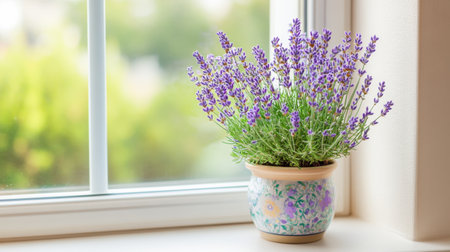 A beautiful lavender plant displayed in an intricately designed pot beside a window, showcasing the tranquility of nature and soft light filtering through.の素材