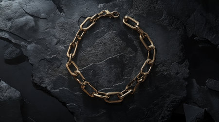 A close-up view of an elegant gold chain bracelet positioned on a textured dark stone surface, reflecting luxury and sophistication in modern jewelry design.の素材
