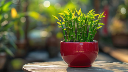 A beautiful bamboo plant in a bright red pot sits on a wooden table, showcasing vibrant green leaves. Perfect for home decoration and wellness themes.の素材