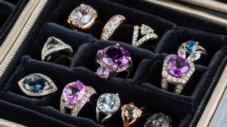 Discover a captivating collection of exquisite rings showcasing vibrant gemstones, brilliant cuts, and unique designs, perfect for any jewelry lover.の素材