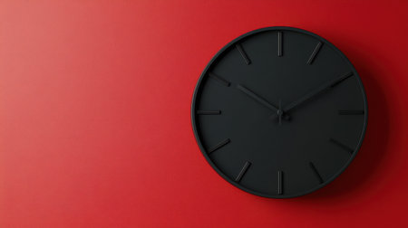 A sleek black clock mounted on a bright red wall adds a striking contrast, showcasing modern aesthetics and functionality in home decor and design.の素材