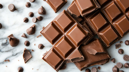 A visually appealing arrangement of a dark chocolate bar and chocolate chips on a marble countertop. Perfect for food photography and culinary projects.の素材