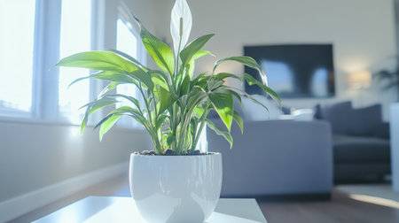 A serene indoor plant sits in a sleek white pot, brightening a modern living room with soft natural light and minimalist decor. Perfect for home aesthetics.の素材
