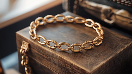 A stunning gold chain necklace rests elegantly on a polished wooden surface, surrounded by vintage accessories and soft lighting, showcasing luxurious design and craftsmanship.の素材