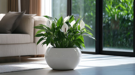 A vibrant indoor scene showcasing a peace lily plant in a sleek white pot, beautifully illuminated by natural light streaming through a window, creating a tranquil and refreshing atmosphere.の素材