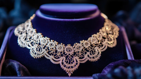 This elegant gold lace necklace is displayed on a rich velvet background, highlighting its intricate design and craftsmanship. Perfect for fashion and jewelry photography.の素材