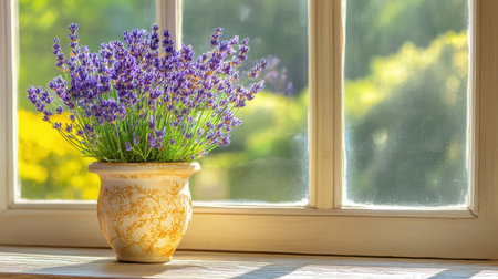 A beautiful bouquet of fresh lavender arranged in a rustic pot sits gracefully on a windowsill, bathed in soft sunlight. A serene background enhances the peaceful atmosphere, making it an ideal image for home decor and relaxation themes.の素材