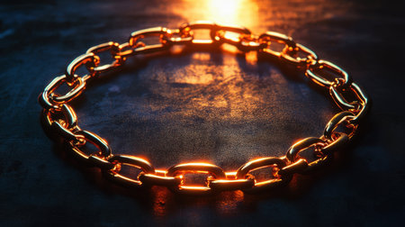 This captivating image features a golden chain necklace elegantly laid on a dark surface, illuminated by warm light, highlighting its intricate links and exquisite design.の素材