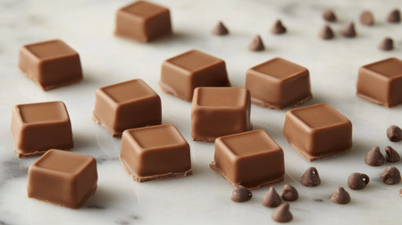 This image features an array of delicious brown chocolate squares alongside chocolate chips on a marble surface, ideal for desserts and sweet treats.の素材