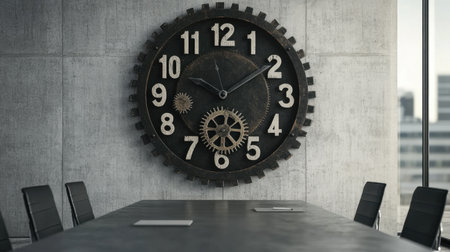 A striking industrial clock featuring gears on a concrete wall enhances a minimalist conference room. The design promotes a professional atmosphere ideal for efficiency and creativity.の素材