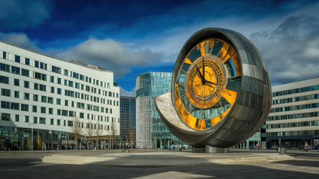 A striking modern clock sculpture gracefully integrates with urban architecture, enhancing the cityscapeの素材