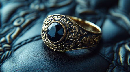 A stunning gold ring featuring a black stone, adorned with intricate engravings, resting on a smooth leather background, symbolizing elegance and craftsmanship.の素材