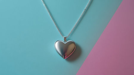 A beautiful silver heart necklace elegantly displayed on a vibrant blue and pink background. Perfect for showcasing jewelry and fashion accessories.の素材
