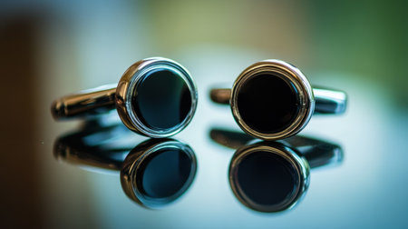 Discover a stunning pair of elegant round cufflinks featuring black onyx detailing, beautifully reflected on a smooth surface, perfect for formal attire.の素材