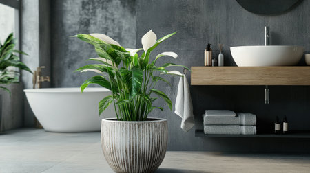 Bright, modern bathroom featuring a stylish indoor plant in a textured pot, complemented by a sleek vanity and soothing color palette for relaxation and inspiration.の素材