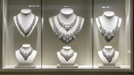 A stunning collection of silver necklaces beautifully arranged in a jewelry showcase, illuminated by soft lighting, showcasing elegance and craftsmanship.の素材