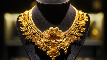 A stunning golden necklace features intricate floral designs, perfect for showcasing luxury and elegance in jewelry displays. Suitable for fashion and exquisite adornment.の素材